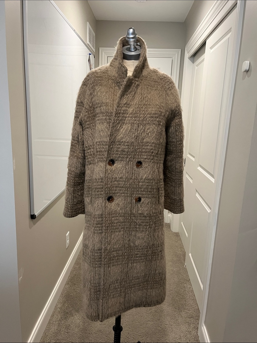 Billy Reid Taupe Plaid Mohair Double-Breasted Pea Coat